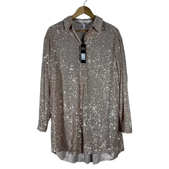 NWT Fashion Nova Lumina Sequin Shirt Dress Rose Gold Glam Party Size L - Picture 2 of 8